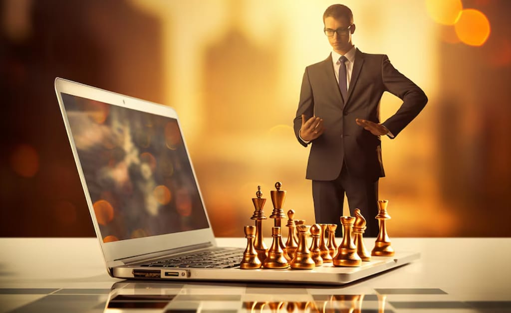 man observing laptop keyboard as chess pieces as the next move in the corporate world